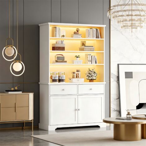 Vitrine avec led, 2 portes et 2 tiroirs, en blanc, 100x38x170 cm