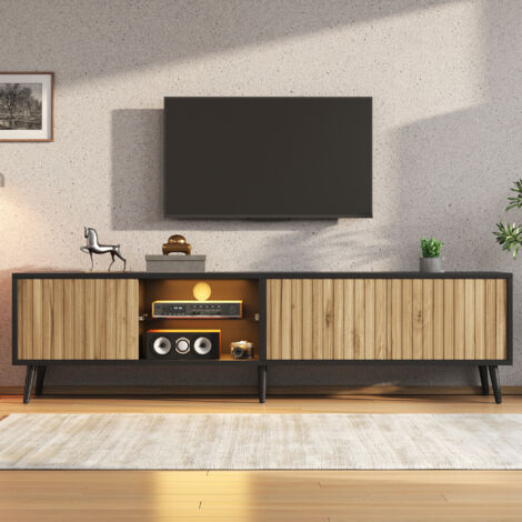 Meuble TV avec led, 3 portes, étagères en verre et 6 pieds, en bois naturel et noir, 175x31x43.5 cm
