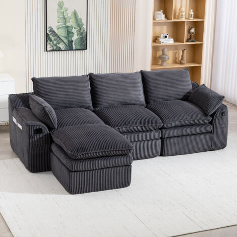 Canapé modulaire 3 places en velours côtelé gris foncé avec pouf et poches latérales, en gris foncé (1/5)