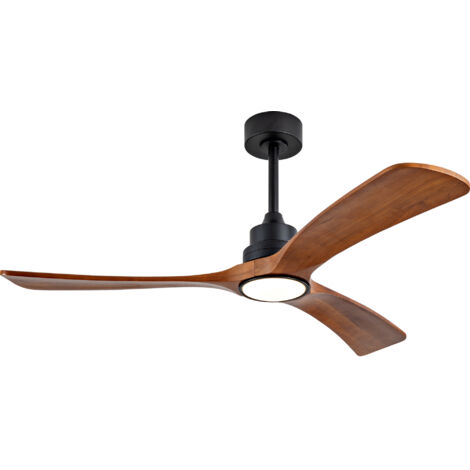 Ventilateur de plafond 132 cm avec lumière en métal et bois noir et noyer foncé, 3 pales, moteur dc silencieux, 6 vitesses