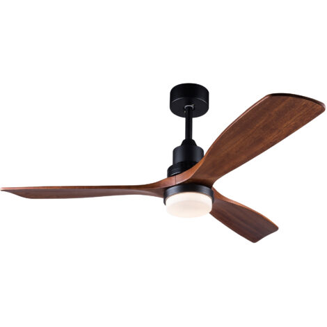 Ventilateur de plafond 132 cm avec lumière et télécommande, moteur dc silencieux réversible, pales en bois massif, noir et noyer foncé (1/5)