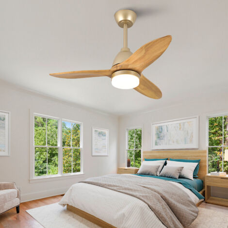 Ventilateur de plafond 36 pouces moderne en bois massif chêne doré, 3 pales, led dimmable, moteur dc réversible (1/5)