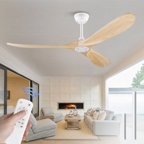 Ventilateur de plafond 60 pouces sans lumière en métal et bois blanc et naturel, moteur dc silencieux, télécommande (1/5)