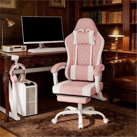Chaise gaming pivotant à 360° avec massage moelleux, coussin lombaire massage, coussin de tête, hauteur réglable, dossier réglable, rose et blanc