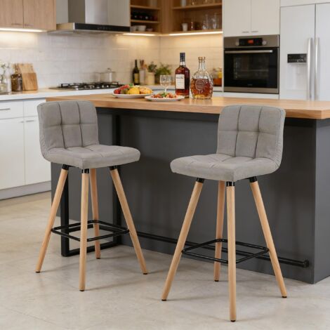 Lot de 2 tabourets de bar rembourrés avec pieds en bois massif, en lin gris clair (1/5)