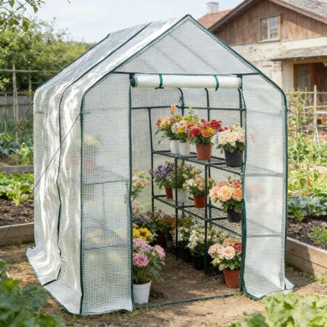 Serre de jardin pour tomates avec ouverture zippée, 143 x 215 x 195 cm, en polyéthylène et acier blanc