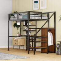 Lit mezzanine 90x200 avec échelle de sécurité, lit enfant avec armoire à structure en fer et table d'ordinateur noir