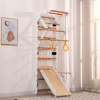 Okwish – Aire de jeux multifonctions 6 en 1 – Balançoire, toboggan, espaliers – Bois massif, charge 50 kg, dimensions 60x60x199 cm – Pour intérieur et extérieur