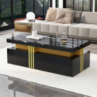 Okwish – Table basse rectangulaire noire brillante avec 2 tiroirs en bois – Plateau marbré – Dimensions 100x50x40 cm – Design moderne pour salon
