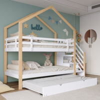 Lit superposé 90x200/190 cm lit enfant avec 4 tiroirs, barrière de sécurité et sommier à lattes, en bois massif, blanc, sans matelas