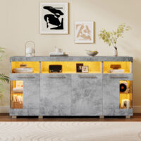 Buffet de couleur ciment avec éclairage LED, meuble de rangement en verre trempé, 140x40x70 cm