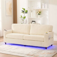 Canapé 2 places - canapé droit - canapé beige avec LED, USB, porte-gobelets et poches latérales, tissu en chenille beige