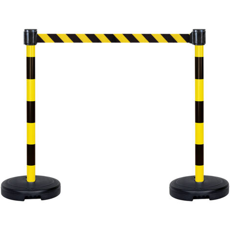 Kit 2 Poteaux PVC Jaune/Noir sur socle 9kg à lester avec tête à sangle Jaune/Noir hachuré 5m x 50mm et tête réceptrice - 2800150 (1/4)