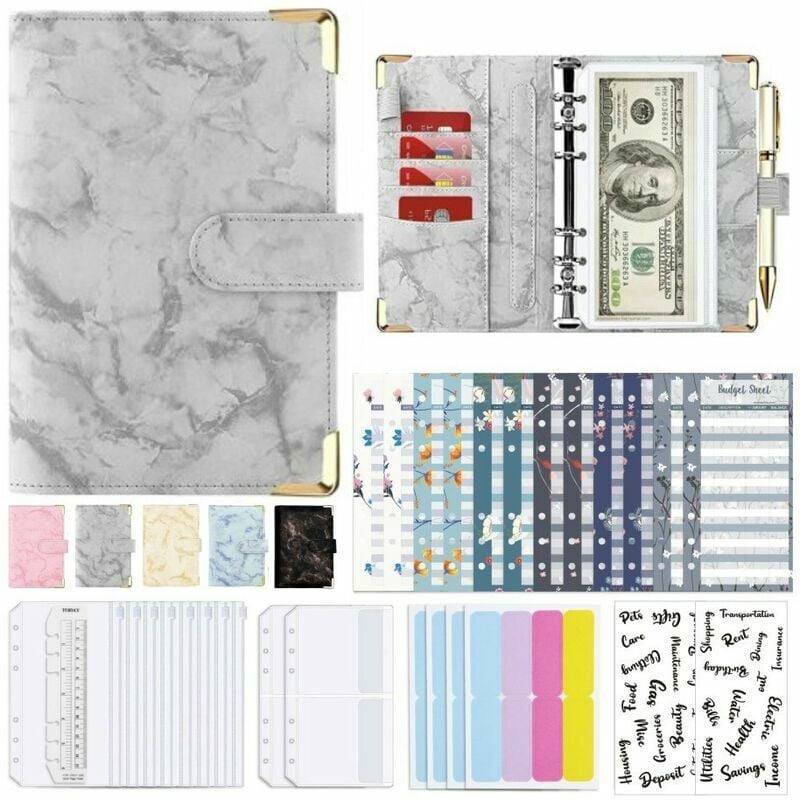 33pcs Classeur A6 budget enveloppe budget, PU Cuir Budget Planner  Couverture, Documents Multifonctionnel avec Transparentes Pochettes Zippées  Dossier,feuilles Budget autocollants d'étiquettes