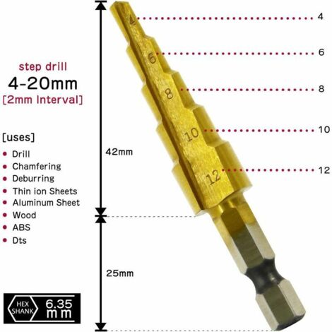 Lot De 3 Forets étagés Coniques HSS Titane - Tailles 4-12mm, 4-20mm, 4-32mm - Tige Hexagonale - Pour Métal, Bois, Plastique - 8