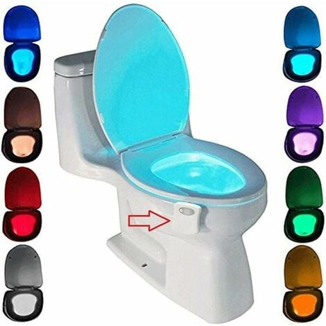 Lampe de Toilette, Veilleuse LED pour WC Salle de Bain Capteur Détecteur PIR 8 Changement de Couleurs Éclairage (seulement s'active dans l'obscurité)