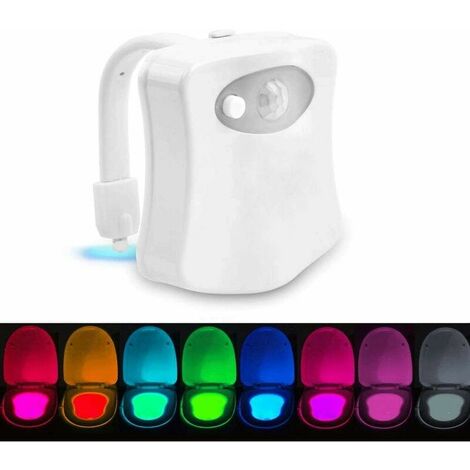 Lampe de Toilette, Veilleuse LED pour WC Salle de Bain Capteur Détecteur PIR 8 Changement de Couleurs Éclairage (seulement s'active dans l'obscurité)
