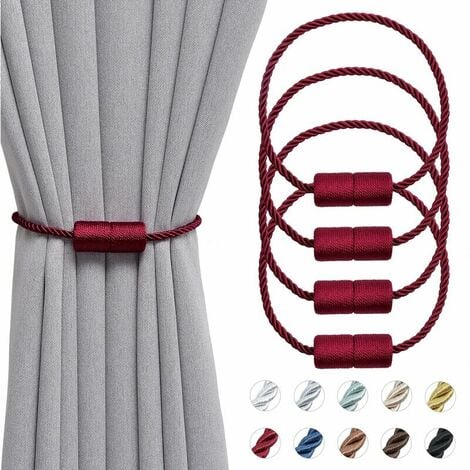 Lot de 4 embrasses de rideaux magnétiques de 40,6 cm faites à la main en  corde latérale pour rideaux de maison et de bureau (rouge vin)