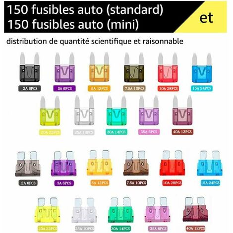 150pcs Mini Fusible Voiture +150pcs Fusibles Voiture Moyenne - 11 Spécifications Fusible Auto: 2A 3A 5A 7.5A 10A 15A 20A 25A 30A 35A 40A, Avec un Petit Clip pour Fusible de Rechange
