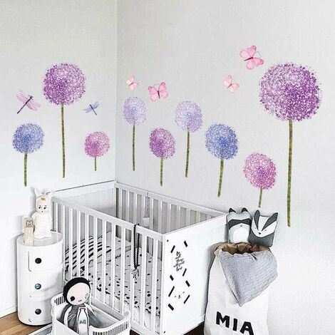 Stickers Muraux Amovibles Motif Fleurs Violettes Avec Papillons