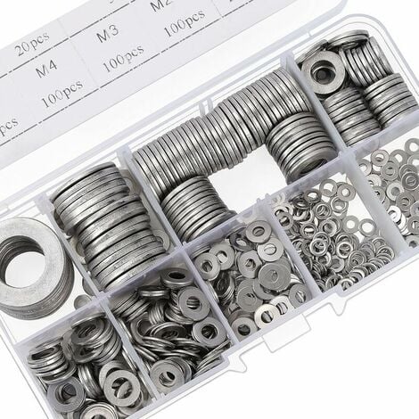 Rondelle Inox avec Boîte de Rangement (Lot de 580) - Assortiment de 9 Tailles M2, M2.5, M3, M4, M5, M6, M8, M10 & M12 - Lot de Rondelles Métal - Réparations, Usines & Décoration Intérieure