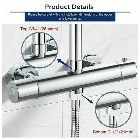 Colonne thermostatique, robinet de douche en laiton haut G3/4  (26,4 mm) + bas G1/2  (21 mm) + entraxe (150 mm),