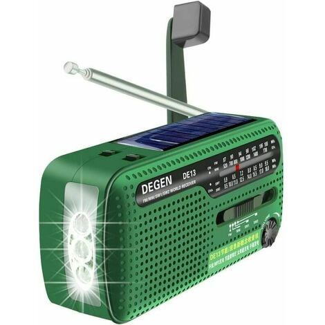 DE13 FM AM SW Récepteur solaire coudé avec lampe de poche à lumière vive/alarme SOS/téléphone portable rechargeable pour activités de plein air et d'urgence (vert)