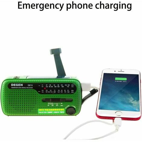 DE13 FM AM SW Récepteur solaire coudé avec lampe de poche à lumière vive/alarme SOS/téléphone portable rechargeable pour activités de plein air et d'urgence (vert)