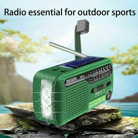 DE13 FM AM SW Récepteur solaire coudé avec lampe de poche à lumière vive/alarme SOS/téléphone portable rechargeable pour activités de plein air et d'urgence (vert)