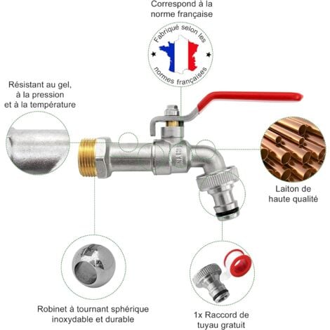 Robinet d'eau en Laiton de Qualité Supérieure, Résistant à la Rouille et au Gel + Raccord de Tuyau Gratuit + Ebook  Pour Jardin, Machine à Laver, Baril de Pluie