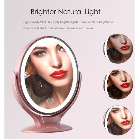 Miroir Grossissant Double Face Miroir Maquillage avec Lumières LED, Rotation à 360°, écran Tactile Dimmable sur 3 Niveaux, Rechargeable par USB, Miroir de Voyage Lumineux ，Rose