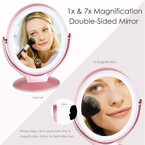 Miroir Grossissant Double Face Miroir Maquillage avec Lumières LED, Rotation à 360°, écran Tactile Dimmable sur 3 Niveaux, Rechargeable par USB, Miroir de Voyage Lumineux ，Rose