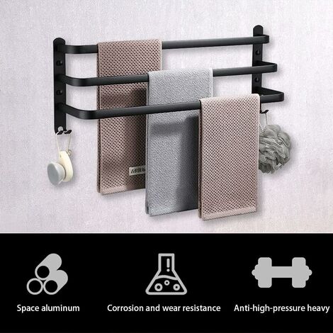 Porte-Serviettes Mural Porte Serviette Salle de Bain étagère Serviette avec Crochets Porte-Serviettes Aluminium étagère Serviette pour Cuisine Salle de Bains Hôtel (Noir, 50CM)