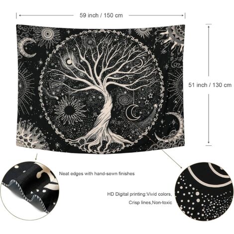 Grande Tenture Murale Mandala – Soleil Lune Et Hibou (Décoration Ethnique, Noir Et Blanc)