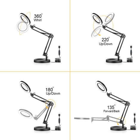 Lampe Loupe LED 5X, Lampe loupe de Bureau Bras Rotatif réglable, , Lentille en Verre de, pour l'entretien, l'artisanat, la Lecture, la Couture, Noir