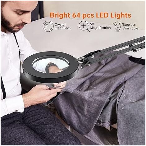 Lampe Loupe LED 5X, Lampe loupe de Bureau Bras Rotatif réglable, , Lentille en Verre de, pour l'entretien, l'artisanat, la Lecture, la Couture, Noir
