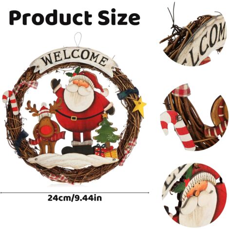 Couronne De Noël Tressée "Welcome" - Décoration Porte En Bois (Père Noël, Rennes, Sapin)