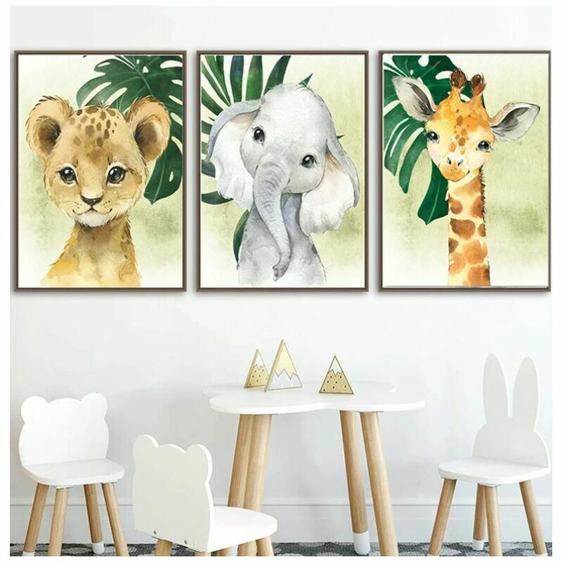 3 Affiches Girafe Lion Elephant Posters Nuage Lune Etoiles