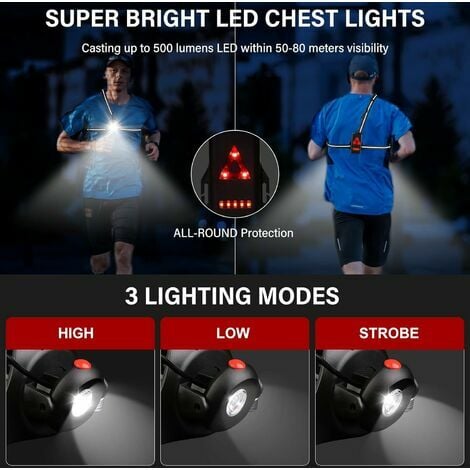 Lampe Course a Pied - Lampe Running USB Rechargeable 500 Lumens IPX6  étanche Lampe Pectorale Running 3 Modes et 90° Réglable Angle LED Lampe  Running