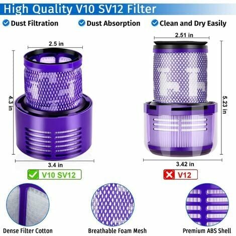 Lot de 2 filtres de rechange lavables pour aspirateur sans fil Dyson V10  SV12 Cyclone Animal Absolute Total Clean Violet