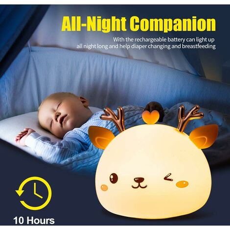 Veilleuse Bebe,Veilleuse Enfant Rechargeable LED,Lampe de Chevet,Veilleuse  Adulte Fille Garcon 7 Couleurs Portable en Silicone,Lampe Cerf Multicolore  avec ContrôLe Tactile,Cadeau Anniversaire Femme