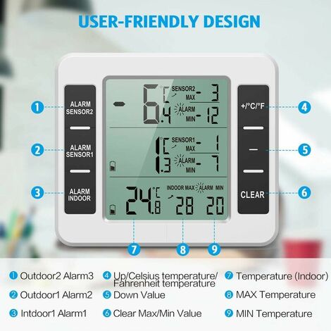 Thermomètre Frigo, Thermometre Réfrigérateur avec Alarme Congélateur, Thermomètre  Intérieur Extérieur Sans Fil avec 2 Capteurs, MIN/