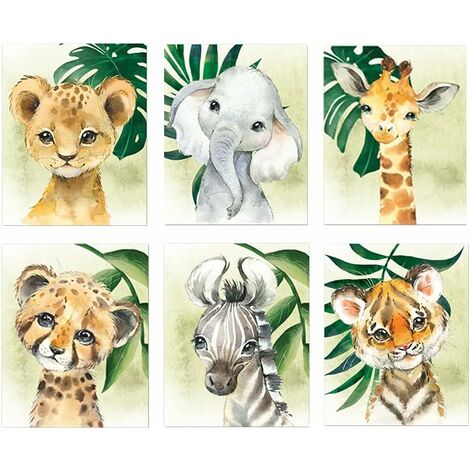 6 Affiches Animaux de la Foret Bebe Enfant a4 Poster Elephant Lion