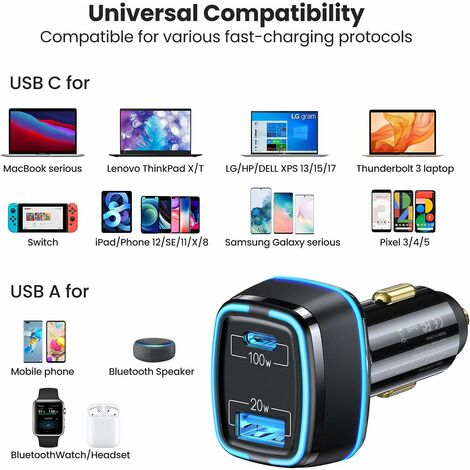 Chargeur USB de voiture 100W Super Charge USB-A USB-C adaptateur allume- cigare, chargeur de téléphone caché pour IPhone Huawei Samsung