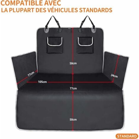 Protection Coffre Voiture Chien Universelle, 2 Grandes Poches, Imperméable & Antidérapant, 185 x 105 cm Couverture de Coffre pour Plupart Voitures, Gamelle Bonus et E-Book, Noir