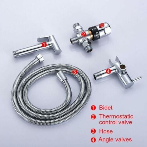 Kit Douchette WC Mitigeur, Thermostatique Douchette à Main en lation Chrome Anti-brûlure Toilette, Bidet Spray Set Inverseur de Douche