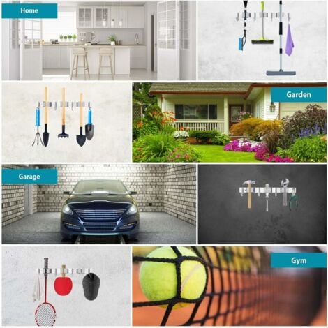 Porte Balai Mural en Acier Inoxydable, Accroche Balai Mural avec 3 Emplacements et 4 Crochets pour Cuisine, Salle de Bain, Garage et Jardin, Gris,GU.B/bon