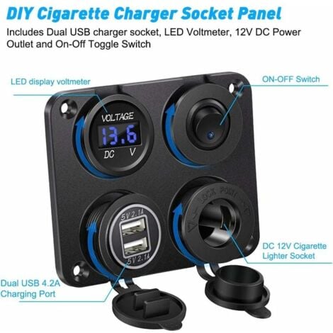 Prise allume-cigare, double port USB 4.2A, prise DC 12V, interrupteur et affichage LED Voltmètre Prise courant chargeur voiture étanche pour voiture 12V/24V, bateaux et marine, moto,camion,SUV, UTV