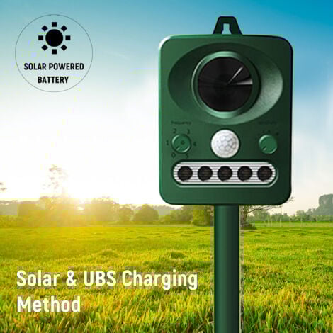 Repulsif d'oiseaux a ultrasons solaire exterieur, double charge solaire et USB, conception etanche, batterie integree, vert herbe