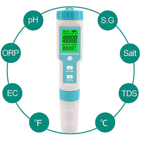 Testeur de salinité de piscine Compteur de pH et de salinité d'eau salée Numérique 5 en 1 Testeur de pH et de salinité de piscine Compteur de salinité pour piscine, bain à remous et spa de nage